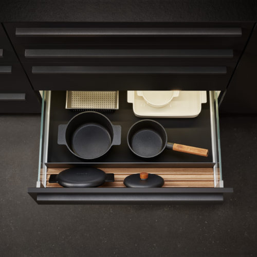 alt="Custom L-Box drawer design with carbon gray matte made for larger kitchen items"